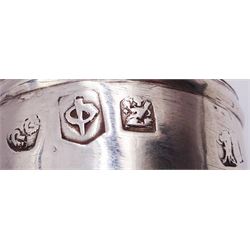 Queen Anne Britannia standard silver kitchen pepper, of cylindrical form with central girdle, S scroll handle, and pierced cover, upon spreading circular foot, hallmarked Gundry Roode, London 1709, H9cm, approximate weight 3.46 ozt (107.7 grams)