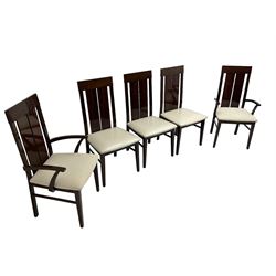 Large American walnut rectangular dining table on square block supports, together with set eight high back dining chairs with cream upholstered seats, the top and chair backs with matching inlaid geometric banding