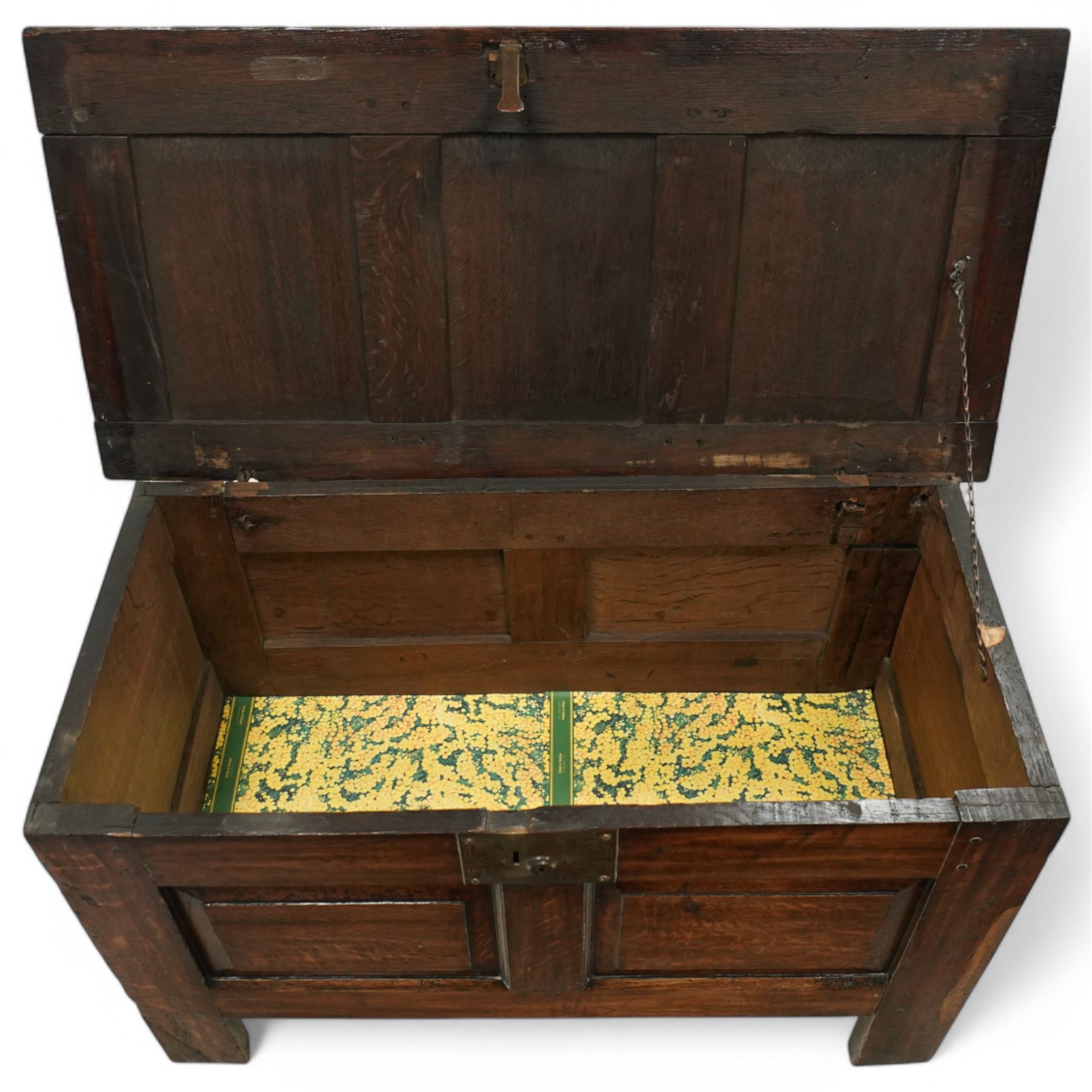 19th Century oak blanket chest, all-over panelling, hinged top with brass latch lock