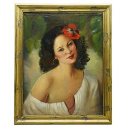 László Demjén (Hungarian 1864-1929): Portrait of a Girl with Flowers in her Hair, oil on canvas signed 59cm x 46cm