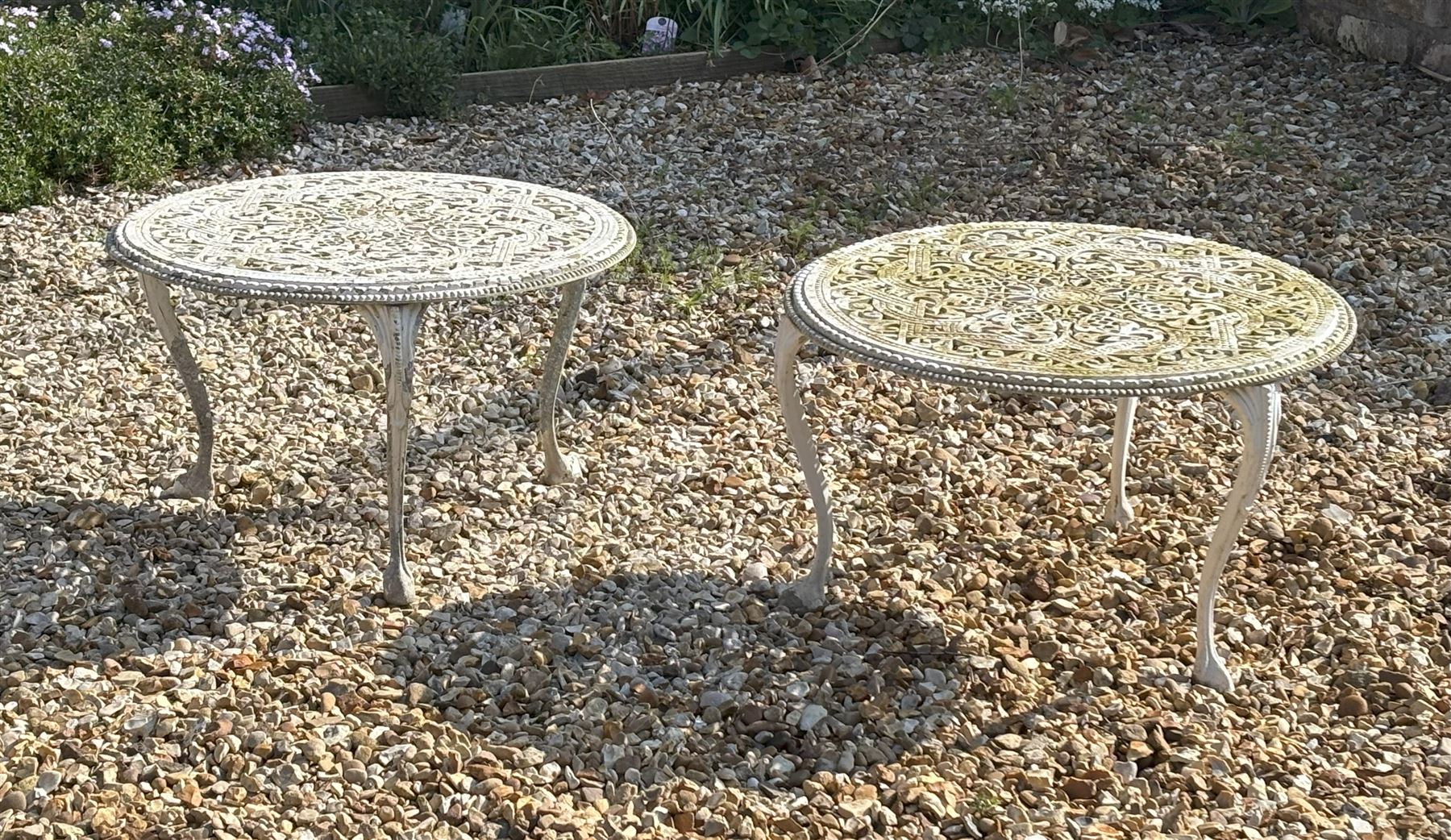 Pair of Victorian style cast aluminium garden tables H36cm, D60cm.  - COLLECTION BY APPOINTMENT FROM: The White House, Thirsk Road, Easingwold, York, YO61 3NF - CALL 01723 507111 TO ARRANGE