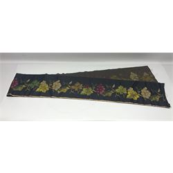 Silk runner, embroidered with fruiting grape vines, on a black ground, L216cm, W21.5cm, together with a Oriental brass pedestal bowl, engraved with foliate and floral decoration, with shaped rim and upon circular foot, H9cm