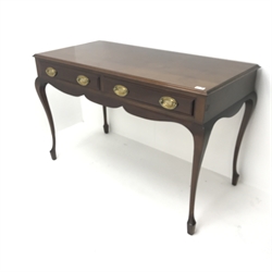  Early 20th century mahogany side table, moulded top, two drawers, shaped apron, cabriole legs, W119cm, H76cm, D58cm  