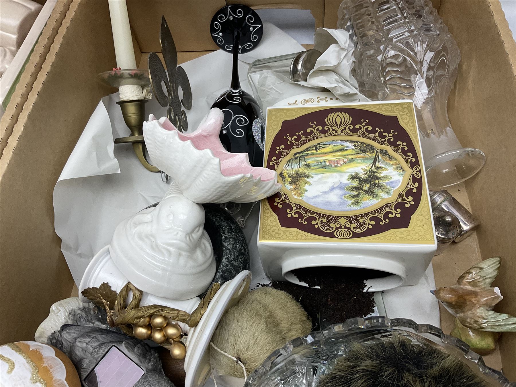 Sylvac green seated dog, together with pair Wade Heath vases, wall charger and other collectables, in two boxes  