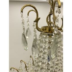 Heavy gilt metal and cut glass six branch chandelier centre light fitting