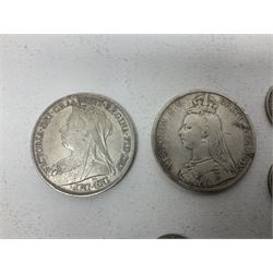 Two Queen Victoria crown coins dated 1898, 1890, King George V 1913 and 1918 one shillings and approximately 400 grams of Great British pre 1947 silver coins