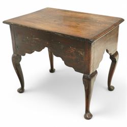 George III oak low-boy, moulded rectangular top over three small drawers and shaped apron, moulded drawer fronts fitted with turned handles, on cabriole supports
