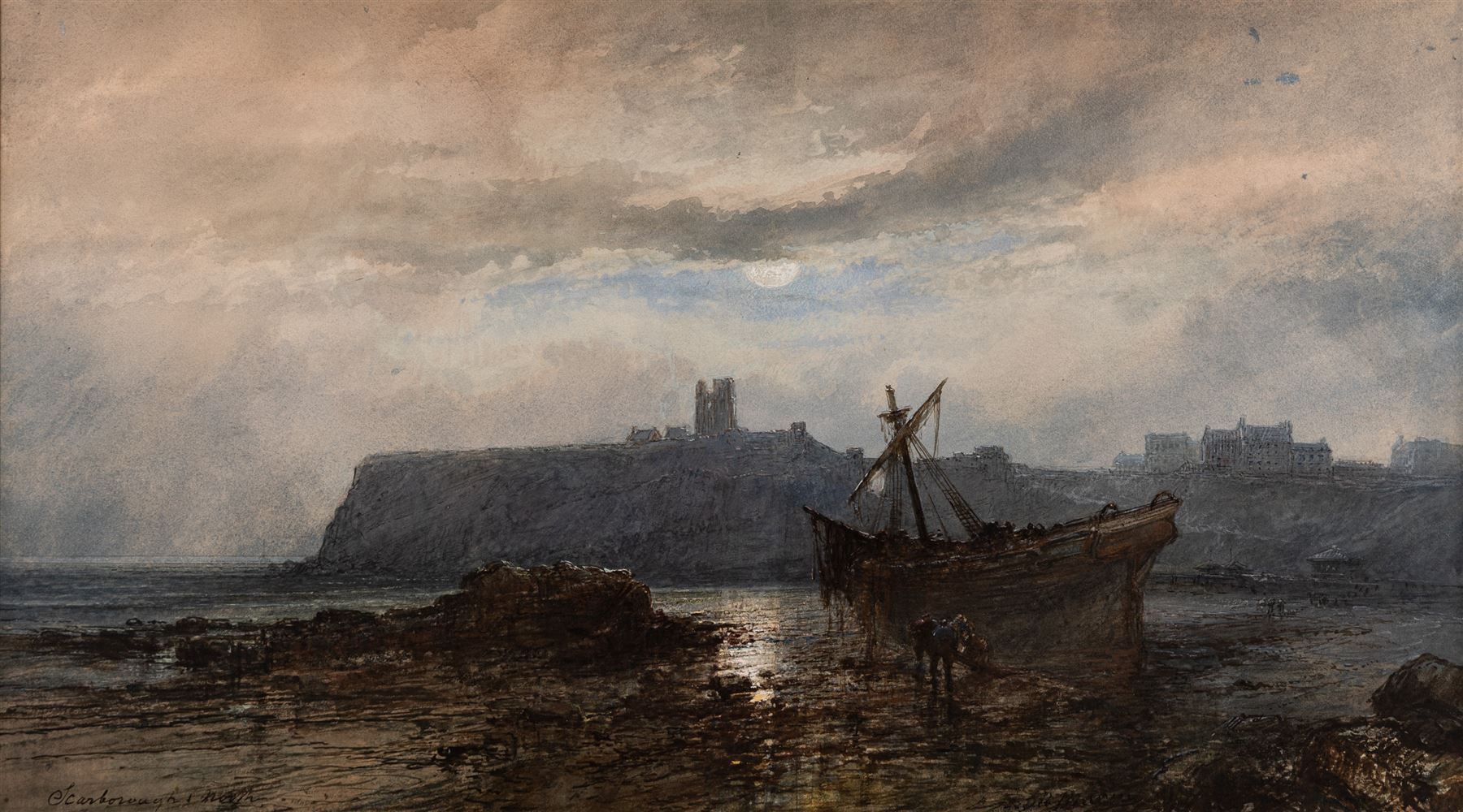 Paul Marny (French/British 1829-1914): 'Scarborough North' Bay by Moonlight, watercolour signed and titled, original artist's studio exhibition label verso titled and dated 7th February 1881, 49cm x 89cm 
Provenance: this stunningly moody watercolour, undoubtedly one of the best of the artist's works to have appeared at auction in recent times, has remained in the same family ownership since it was bought at 'The Jack Chenery Briggs Collection' 22nd April 1999 Lot 18; a copy of the original catalogue is included with the lot.