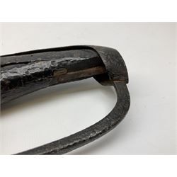 Late 18th century Gill's Warranted Light Cavalry officer's sword, similar to 1788 pattern, with 91cm fullered curving steel blade, steel hilt with stirrup bow, plain langets and black painted wooden grip, in textured steel scabbard with cut-out wooden panels L105cm overall