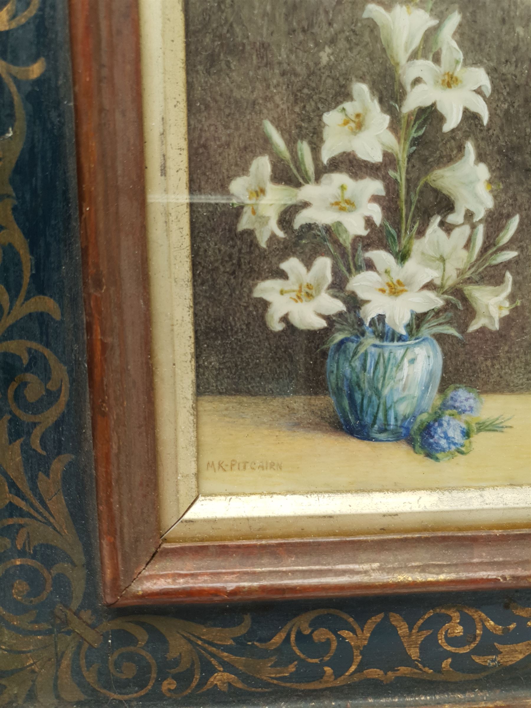 M K Pitcairn (20th century): Still Life of Lillies, miniature on ivory signed 13cm x 8cm