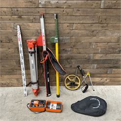 Collection of surveyors equipment including an automatic level and tripod stand and Hilka Pro Craft distance measuring wheel