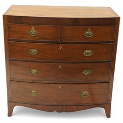Early 19th century Regency mahogany bow-front chest, with banded caddy top and ebony strin...