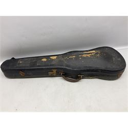 German copy of a Maggini violin c1900 with 35.5cm two-piece maple back and ribs and spruce top, bears label 'Maggini Deutsche Arbeit 1866' L59cm; in carrying case with bow