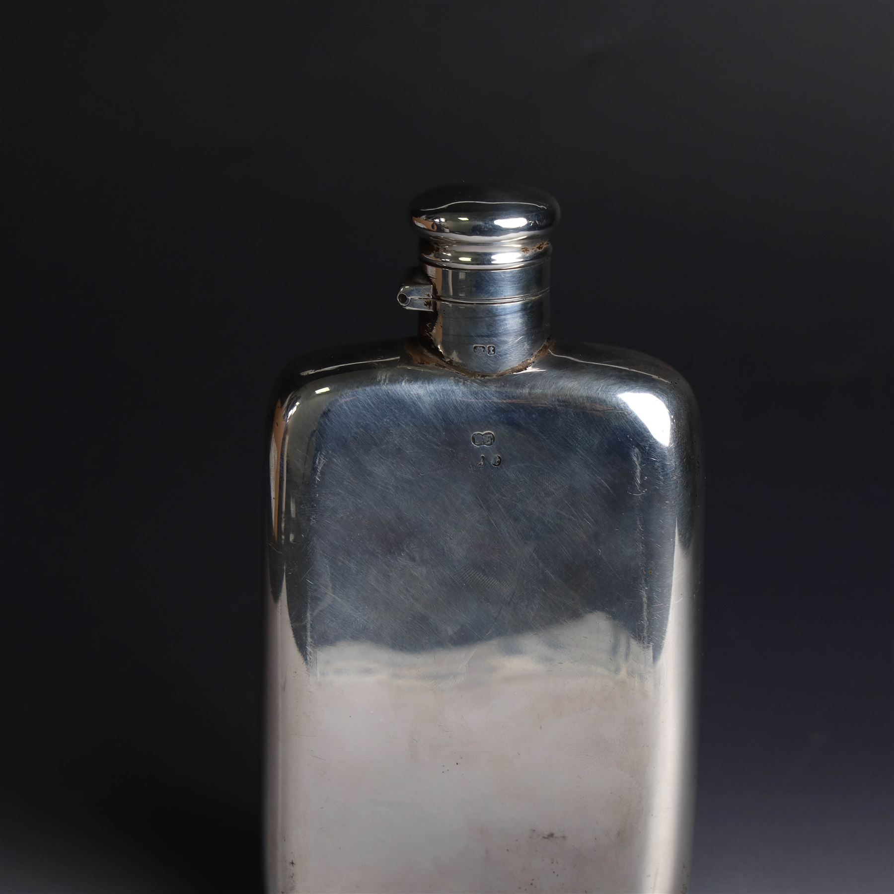 Late Victorian silver hip flask, of typical rectangular form, engraved with Royal Inniskilling Fusiliers crest to front, hallmarked Birmingham 1893, maker's mark worn and indistinct, H14cm
