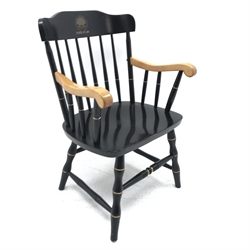 American Windsor armchair, painted black finish, turned supports joined by stretchers, W61cm