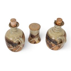 Canterbury Pottery studio pottery cruet set, comprising salt and pepper shaker, mustard pot, oil jug, vinegar jug and stand 