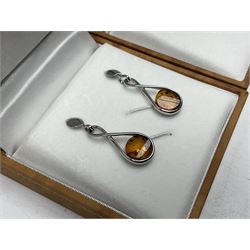 Two pairs of silver Baltic amber pendant earrings, both stamped 925 and boxed 