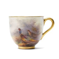 Royal Worcester cabinet cup and saucer, each painted with pheasants in a landscape, by James Stinton, each with backstamp in puce, teacup H5cm