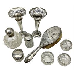 Silver backed hair brush, together with three silver lidded dressing table glass jars, to include two silver collared examples including a hobnail cut spherical example hallmarked Birmingham 1911, three silver collared cut glass jars and a pair of EPNS vases