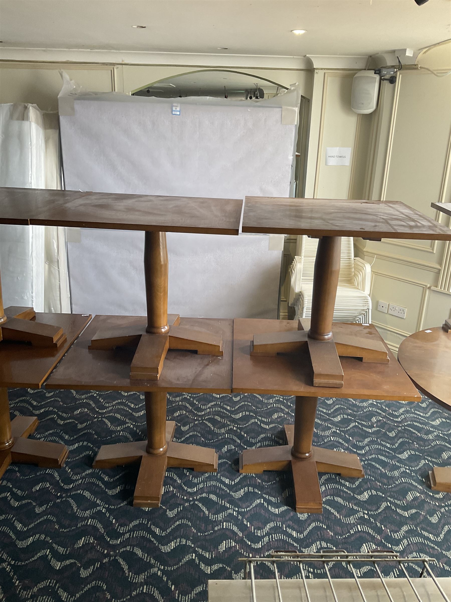 Four square walnut finish dining tables- LOT SUBJECT TO VAT ON THE HAMMER PRICE - To be collected by appointment from The Ambassador Hotel, 36-38 Esplanade, Scarborough YO11 2AY. ALL GOODS MUST BE REMOVED BY WEDNESDAY 15TH JUNE.