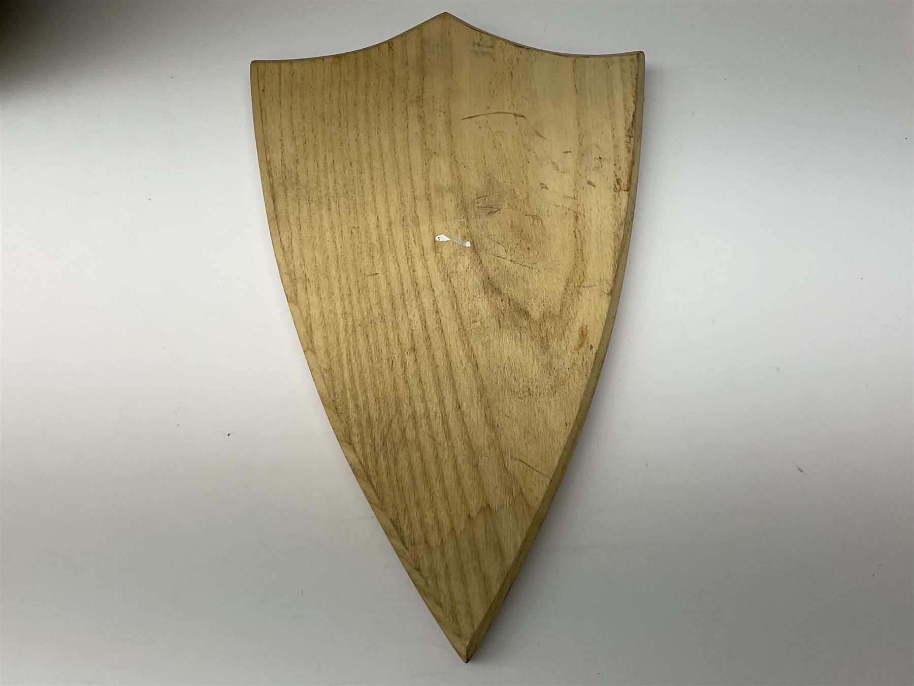 Five wooden shield plaques for mounting taxidermy of various sizes, largest H67cm, D51cm. 