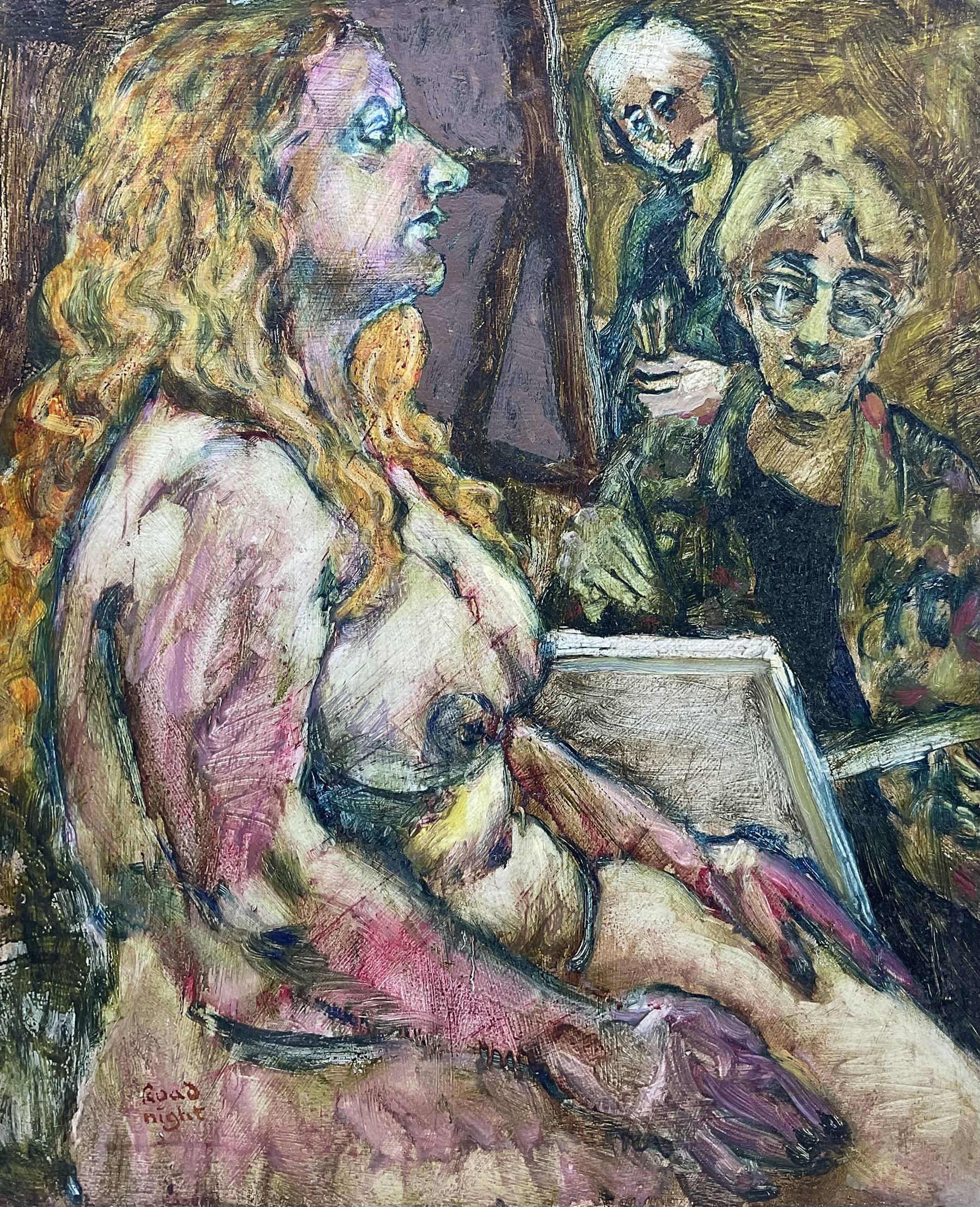 Raymond Arthur Roadnight (British 1941-): 'Model with Artists', oil on board laid on to canvas signed, titled on Royal Academy label verso 62cm x 51cm 
Provenance: the artist's studio collection. Born in High Wycombe, Roadnight spent three years training under Patrick Reyntiens and John Piper creating stained glass windows for Liverpool and Coventry cathedrals. These works included the great baptistry window in the New Coventry Cathedral, the 'Lantern' atop the Catholic Cathedral in Liverpool, and the grand windows in Oundle School Chapel. He has exhited at Royal Academy, Alfred East Gallery, Chichele College in Higham Ferriers, and Burleighfield House in Loudwater.
