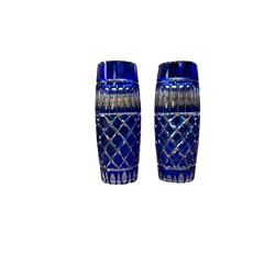 Pair of blue cut glass vases, together with a pair of silver mounted cut glass vases, hallmarked, blue vases H22cm