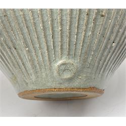 Rectangular studio pottery vase, marked KD to the base, H31cm and a smaller blue glazed vase by Andrew Crouch (born 1982) with impresses seal mark beneath, H16cm