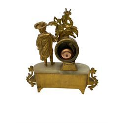 French - late 19th century 8-day spelter and alabaster mantle clock, with a pierced rectangular base and standing figure representing an 18th century gallant in period costume, clock movement enclosed in a drum case with an enamel dial, Roman numerals, minute markers and steel moon hands, countwheel striking movement, striking the hours and half-hours on a bell. With pendulum.