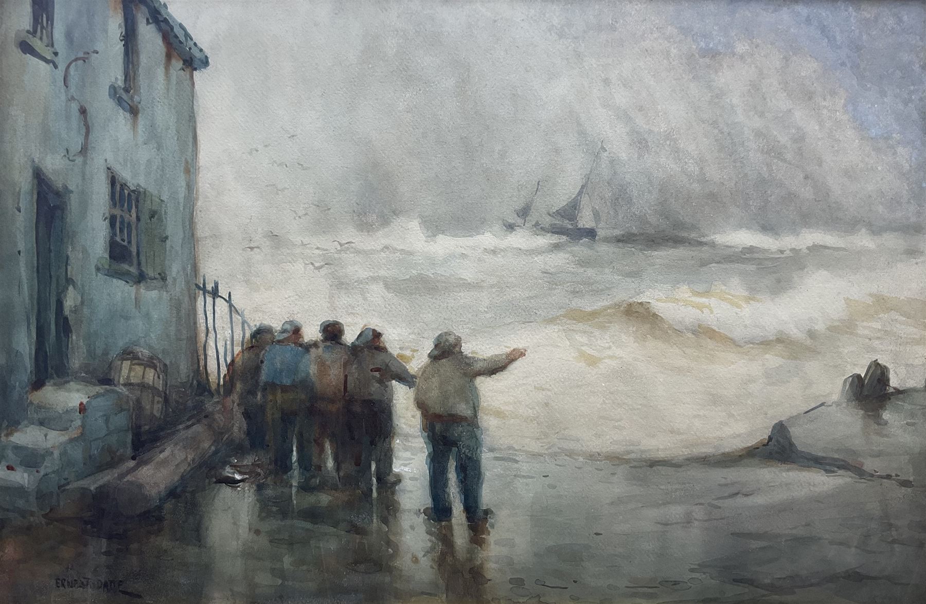 Ernest Dade (Staithes Group 1864-1935): 'Ashore' - Fishermen beside the Old Cod and Lobster Staithes, watercolour signed 49cm x 74cm 
Provenance: exh. Royal Academy 1888 No.1394