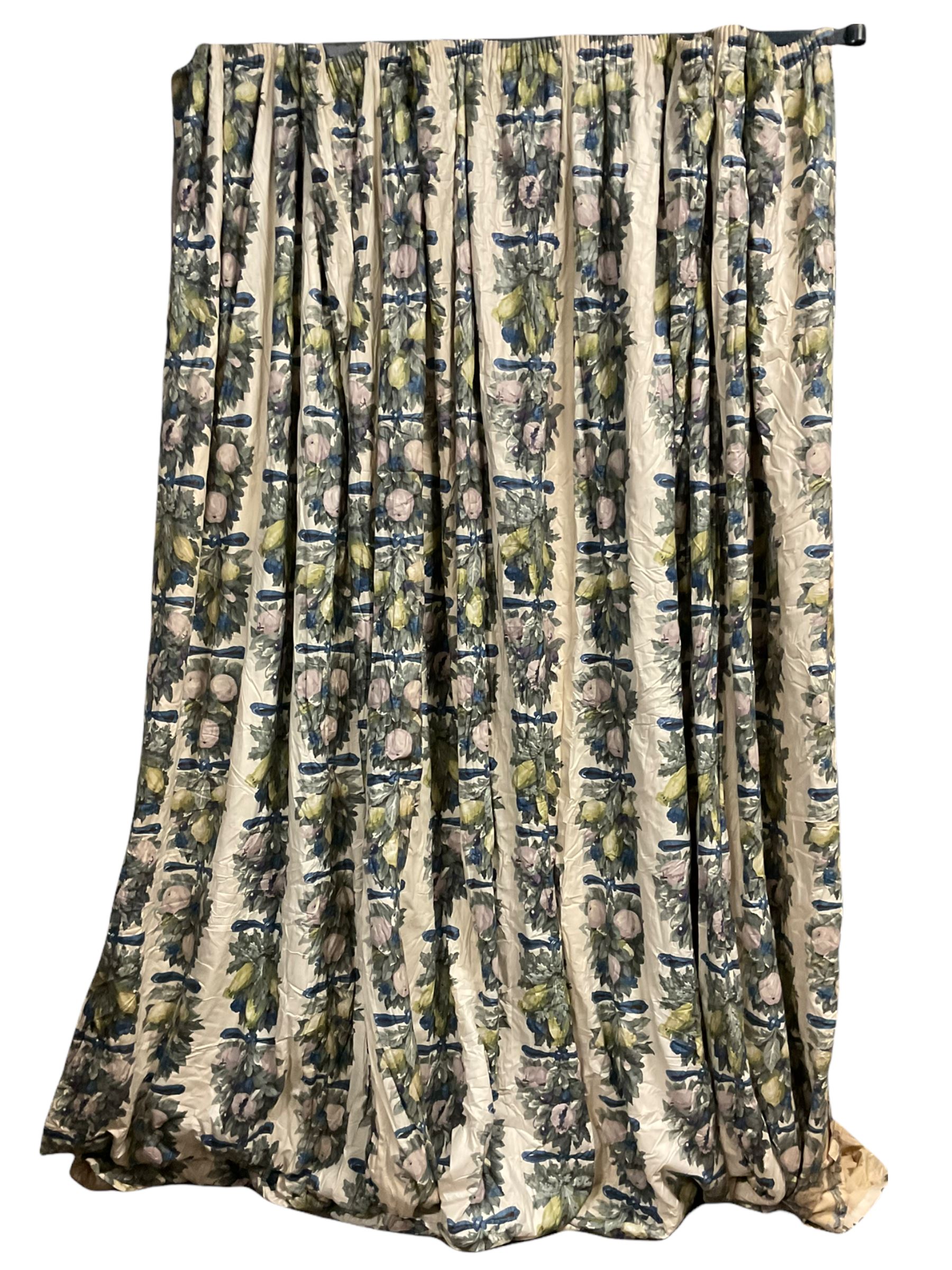 Large pair of Country House inter-lined curtains, cream fruit pattern, approx H395cm x W430cm overall each curtain