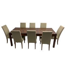 Cherrywood rectangular extending dining table, fitted with single drawer to end, together with set six high back dining chairs upholstered in neutral fabric 