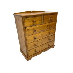 Polished pine chest, raised back, fitted with five drawers, on bracket feet