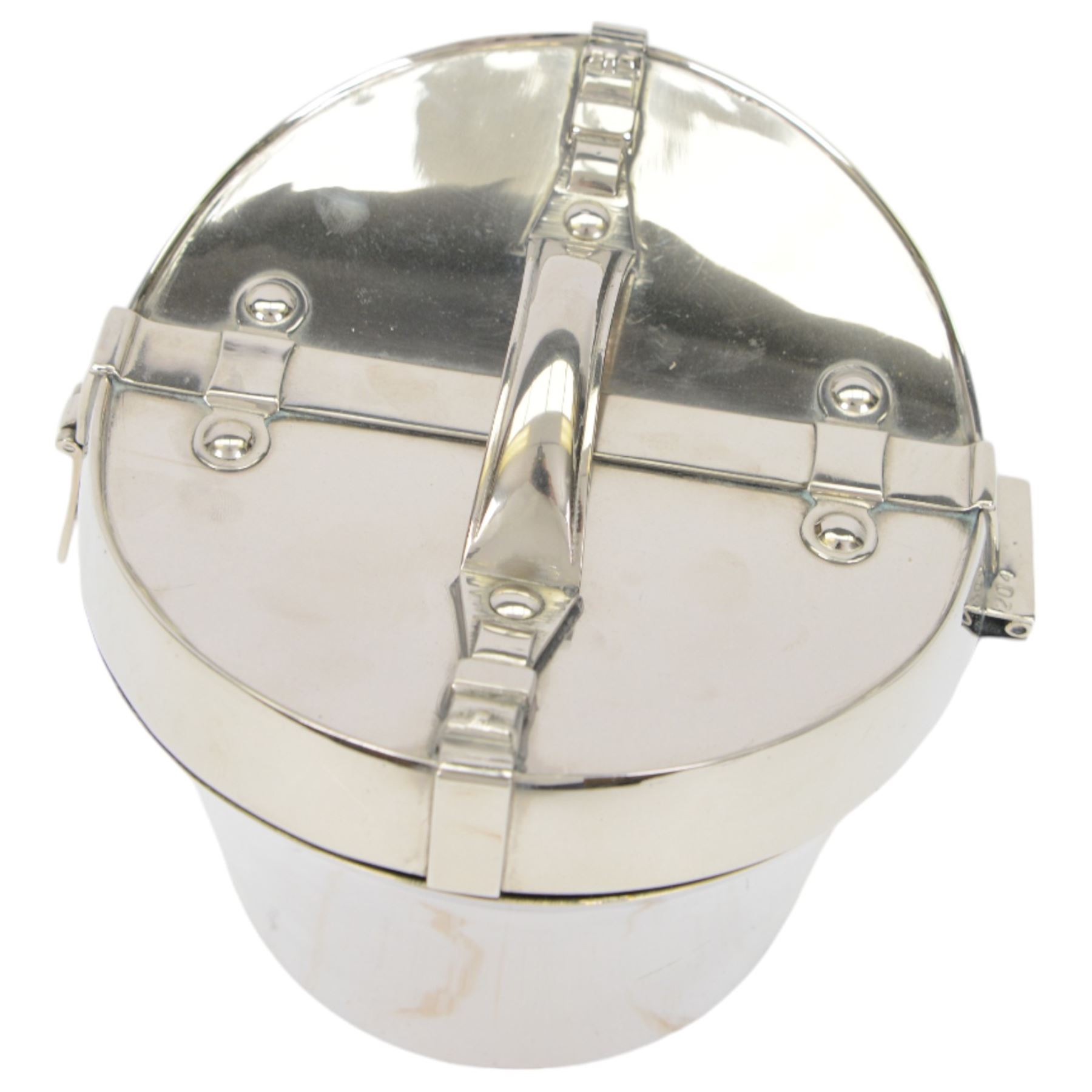 Silver plated novelty ice bucket, in the form of a hat box, with twist action latch, H15cm