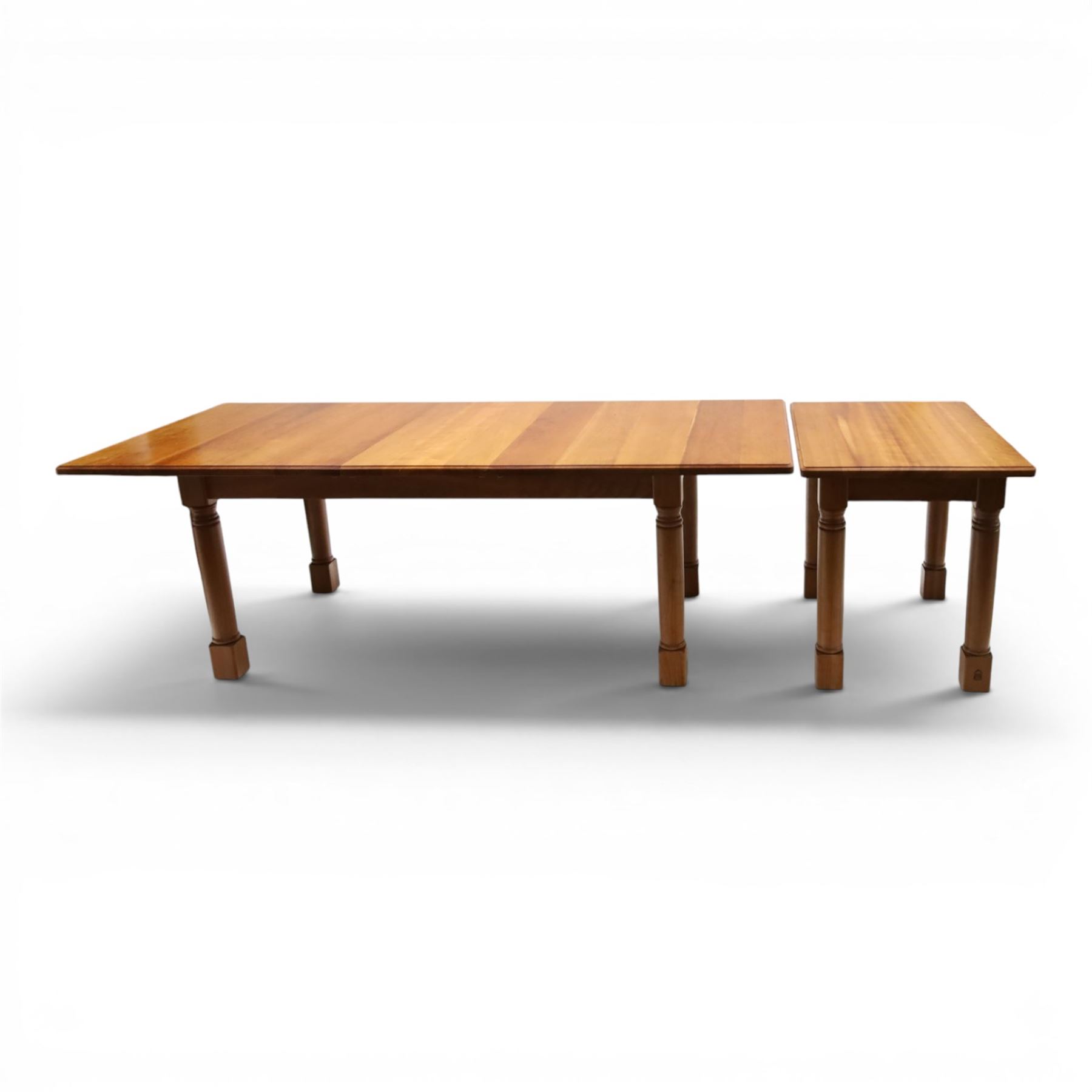 Knightman - cherrywood extension table or serving table, the rectangular top raised on four turned legs, recessed carved knight trademark, by Horace Knight of Old Mill Furniture, Balk near Thirsk
