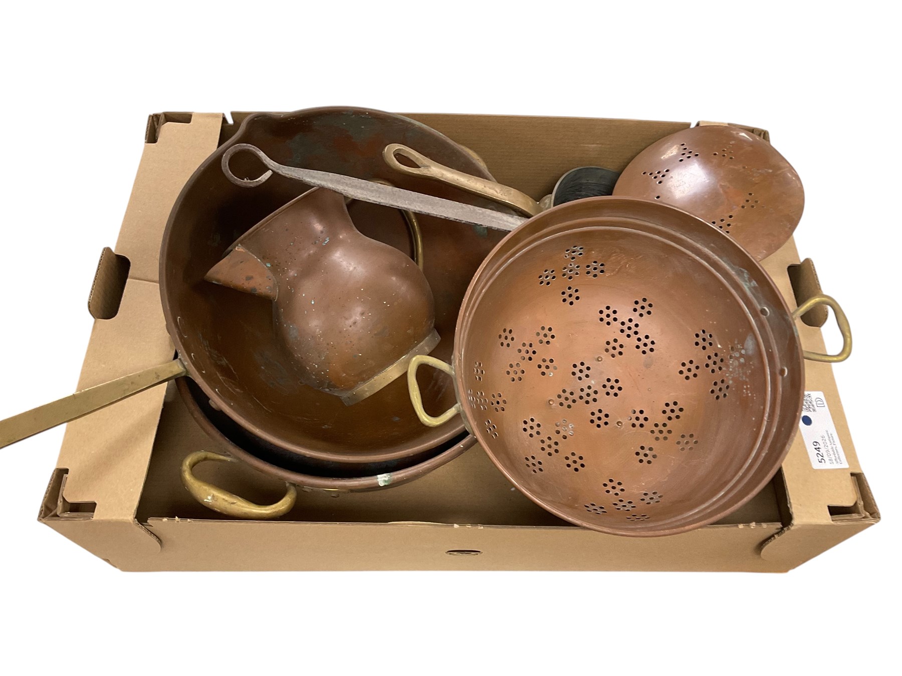 Collection of copperware, including twin handled jam pan, colander, jug, pan etc 
