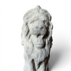 Pair of cast stone seat lions, male and female figure, and a miniature pair of cast stone lions