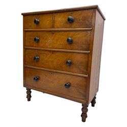 Late Victorian mahogany chest of drawers, with rectangular top over two short and three long graduated drawers, each fitted with ebonised turned knob handles and keyholes, raised on turned supports