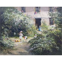 Edward 'Ted' Dyer (British 1940-): Children in the Garden, oil on canvas signed 40cm x 50cm