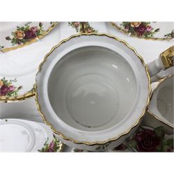 Royal Albert Old Country Roses pattern tea and dinner service for six, comprising teapot, six dinner plates, six six saucers, six side plates, six teacups, sauce boat and stand, sucrier, milk jug, salt and pepper shakers, flower basket, bell and sleeping cat pot pourri