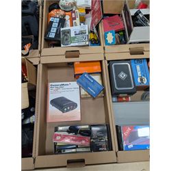 Large collection of photography equipment, including two video cameras JVC and a Panasonic 3CCD, tripods, filters, photograph paper, developing equipment, Dalite projector screen, etc, some boxed some empty boxes, and a Midgard Pocket Microscope