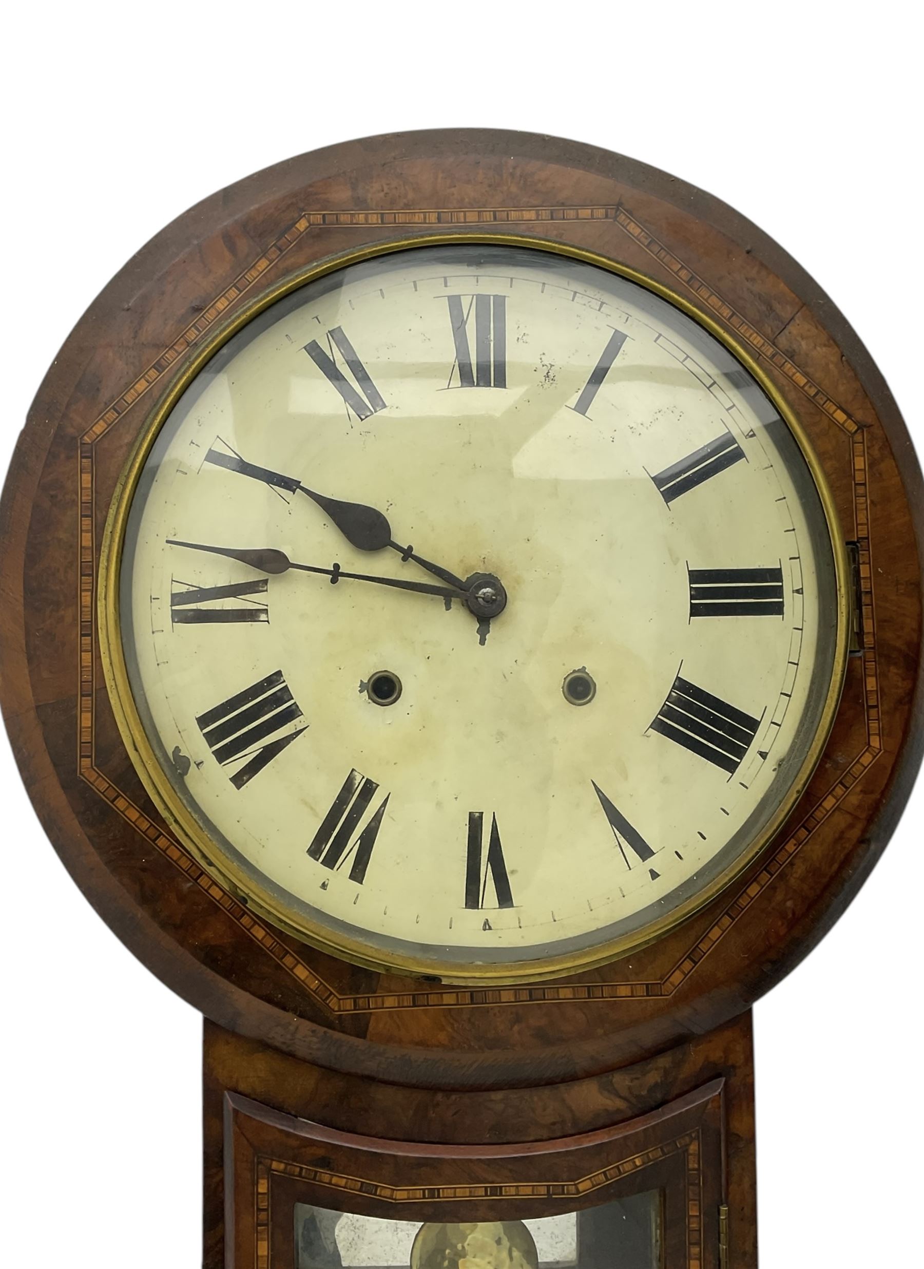 American-19th century 8-day Tunbridgeware ware clock, twin train movement striking the hours on a bell, 12” painted dial with Roman numerals and steel spade hands. With pendulum.