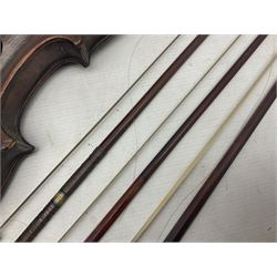 Incomplete amateur made violin c1880 for restoration and completion with 36.5cm one-piece maple back and ribs and spruce top L59.5cm; together with two brazilwood violin bows and pernambuco cello bow, all with nickel mounts (4)