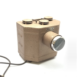 Keystone Pictograph Model No.441 Epidiascope, the trapezium shaped tin case with brown crackled finish, W30cm H28cm