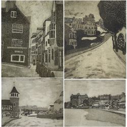 Michael Atkin (Scarborough 1952-): 'Castle by the Sea', 'Scarborough', 'Grand Hotel', and 'Market Place - Whitby', set four etchings with aquatint signed and titled in pencil 18cm x 14cm (4)