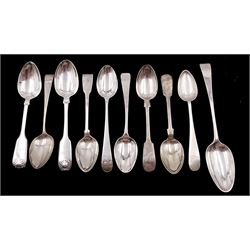 Collection of ten Newcastle silver teaspoons, comprising two Fiddle Shell pattern teaspoons, the first example hallmarked Reid & Sons, Newcastle 1859, and the second example hallmarked Thomas Sewell I, Newcastle 1856, together with four Fiddle pattern teaspoons and four Old English pattern teaspoons, with varying maker's including 	Thomas Wheatley and John Robertson II & John Walton, dated between 1821 and 1836 but most without date letters 