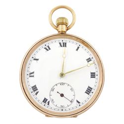 Early 20th century 9ct gold open face keyless lever pocket watch, white enamel dial with R...