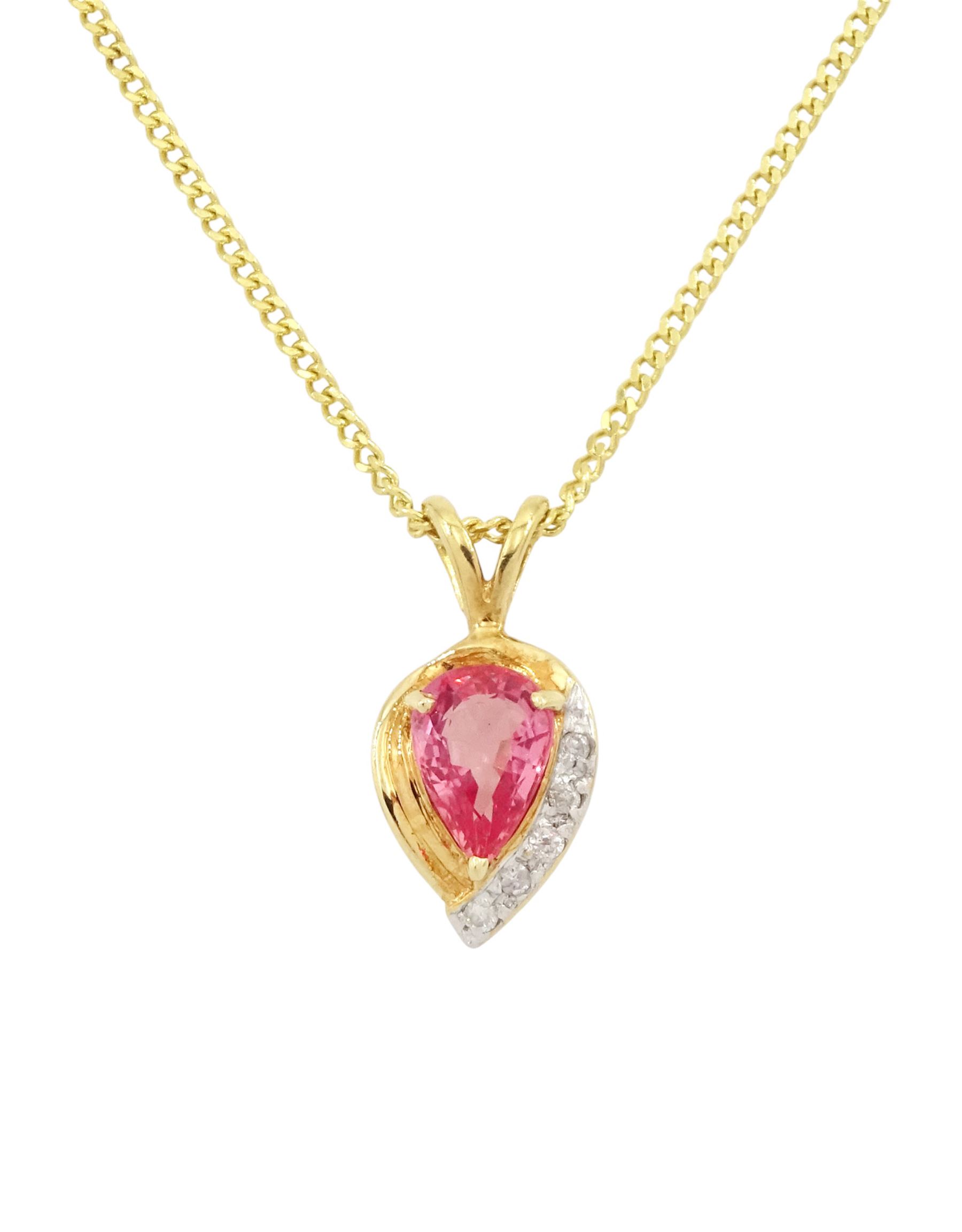 18ct gold padparadscha sapphire and diamond pendant necklace, single pear cut sapphire of approx 1.15 carat, one side set with five round cut diamonds, on a flattened curb link chain necklace, both hallmarked