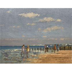 William Burns (British 1923-2010): 'Hastings Beach', oil on board signed, titled verso 18cm x 23cm (unframed) Provenance: Direct from the family of the artist. Notes: Born in Sheffield in 1923, William Burns RIBA FSAI FRSA studied at the Sheffield College of Art before the outbreak of the Second World War, during which he helped illustrate the official War Diaries for the North Africa Campaign, and was elected a member of the Armed Forces Art Society. On his return, he studied architecture at Sheffield University and later ran his own successful practice, being a member of the Royal Institute of British Architects. However, painting had always been his self-confessed 'first love', and in the 1970s he gave up architecture to become a full-time artist, having his first one-man exhibition in 1979.