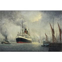 Jack Rigg (British 1927-): 'London Shipping', oil on canvas signed, titled, signed and dated 1987 verso 50cm x 75cm  
Provenance: illustrated in Jack Rigg - Marine Artist 'A Brush with Shipping' pub.1995